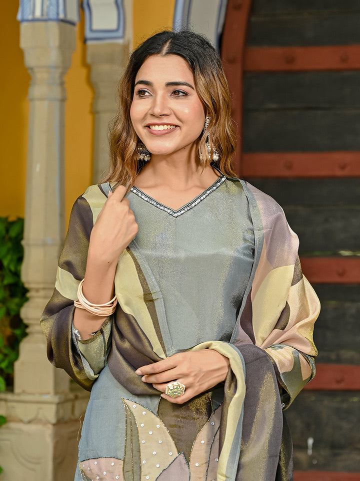 Embroidered Tissue Kurta With Pant &amp; Dupatta