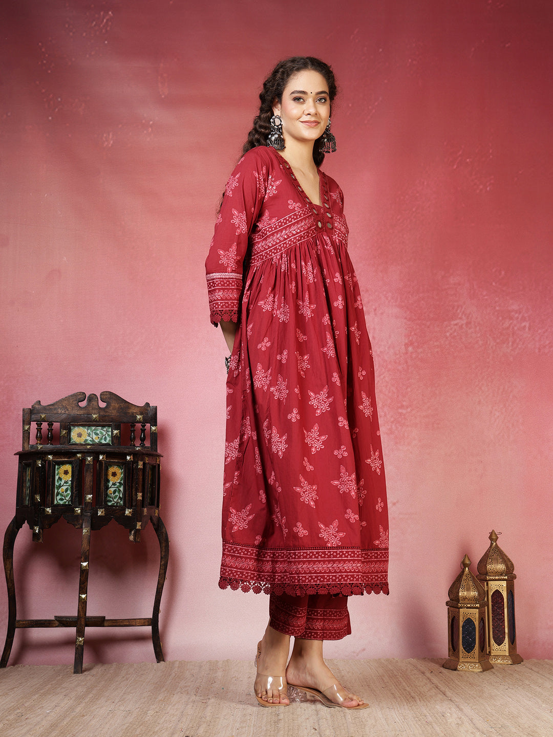 Maroon Printed Cotton Blend Anarkali Suit Set With Dupatta