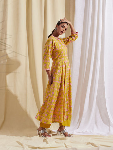 Floral Printed Cotton Anarkali Kurta With Pants