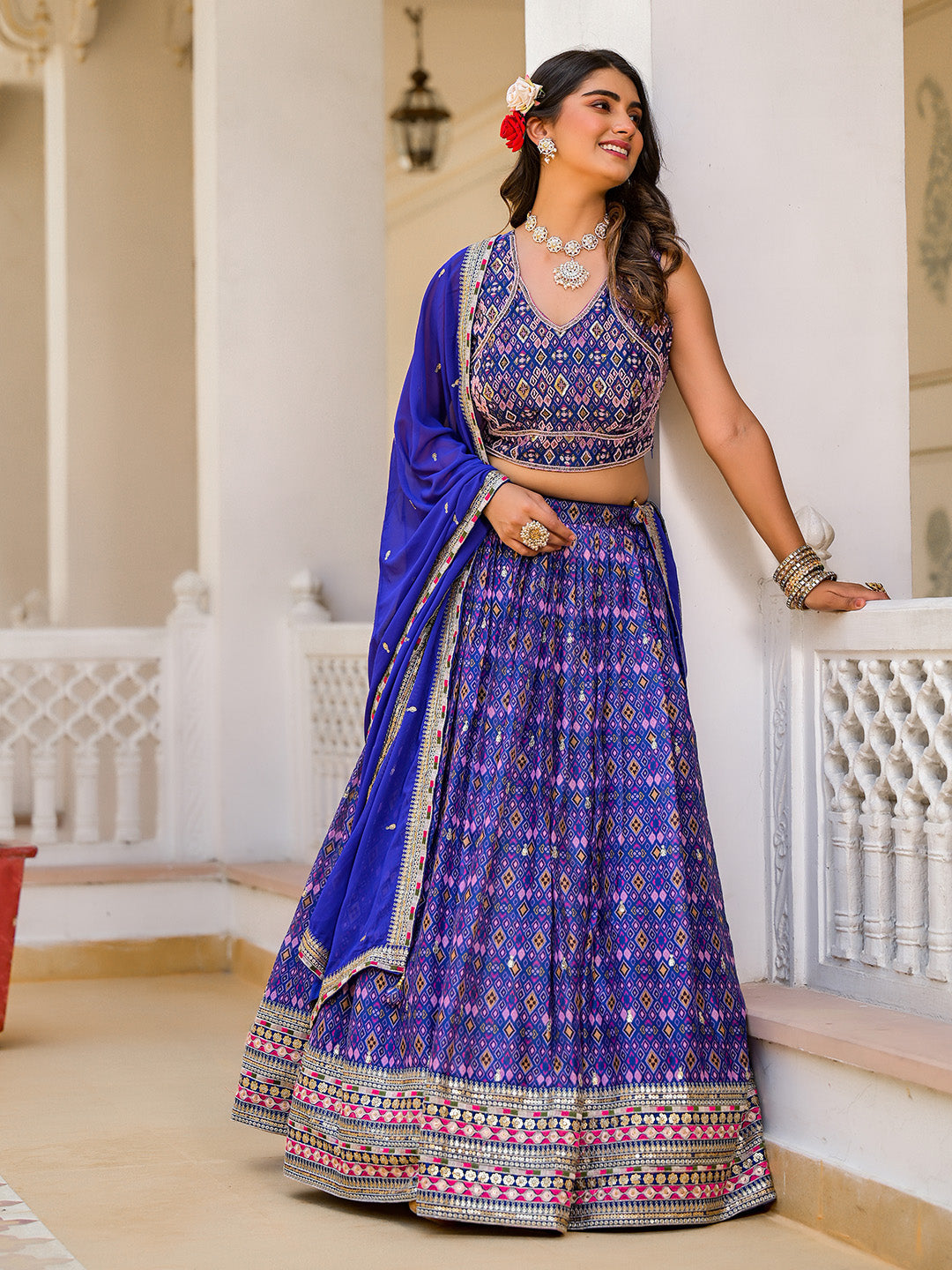 Printed Organza Choli With Lehenga &amp; Dupatta