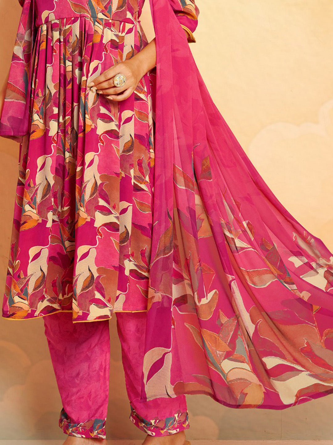 Printed Crepe Unstitched Suit With Pant &amp; Dupatta