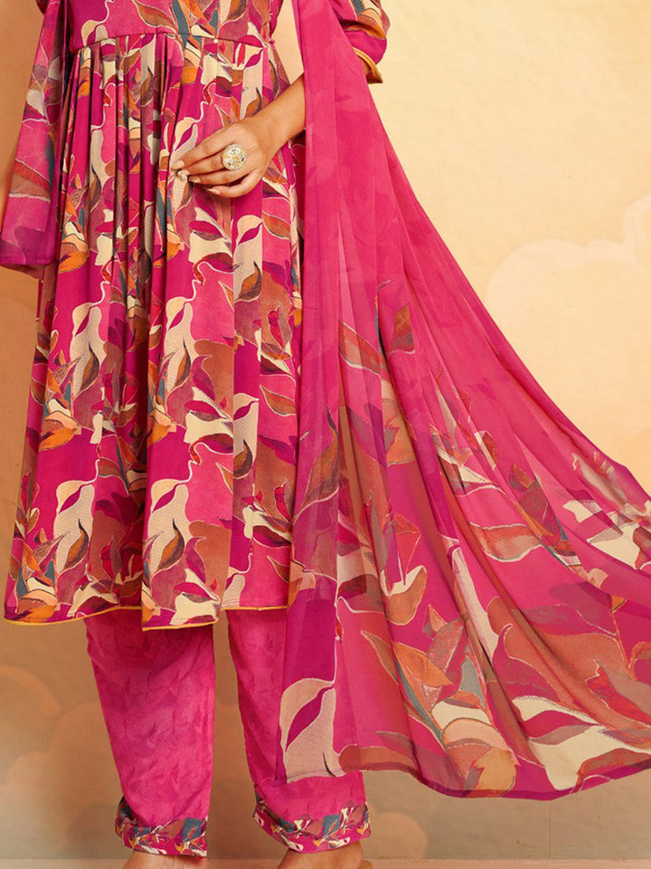 Printed Crepe Unstitched Suit With Pant &amp; Dupatta