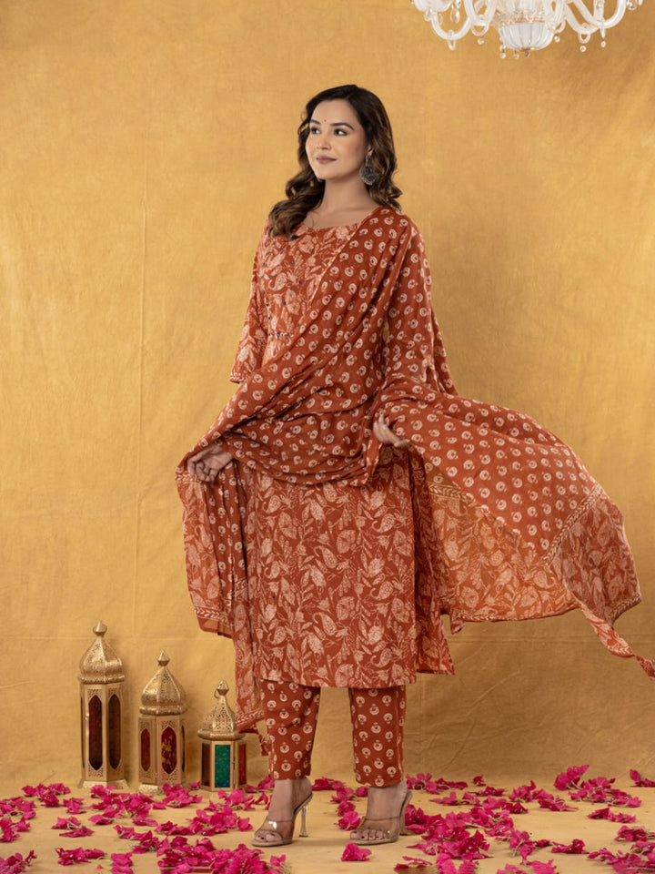 Orange Embroidered Cotton Blend Straight Suit Set With Dupatta