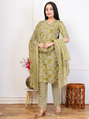 Embroidered Cotton Blend Kurta With Pant & Dupatta