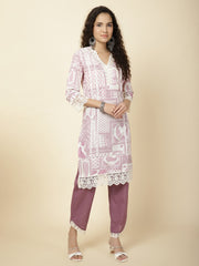 Printed & Panel Embroidery Cotton Kurta With Pants