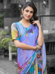 Printed Georgette Readymade Saree With Stitched Blouse