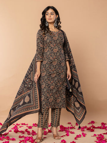 Paisley Printed Cotton Blend Kurta With Pants & Dupatta