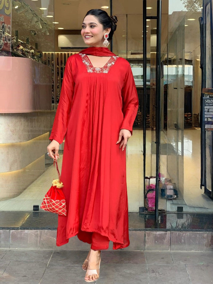 Printed Embroidery Cotton Blend Kurta With Pants &amp; Dupatta