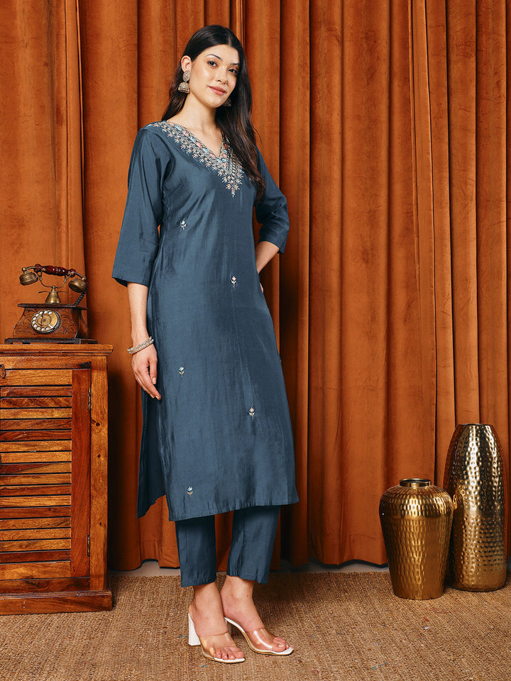Embroidered Cotton Blend Kurta With Pants &amp; Dupatta