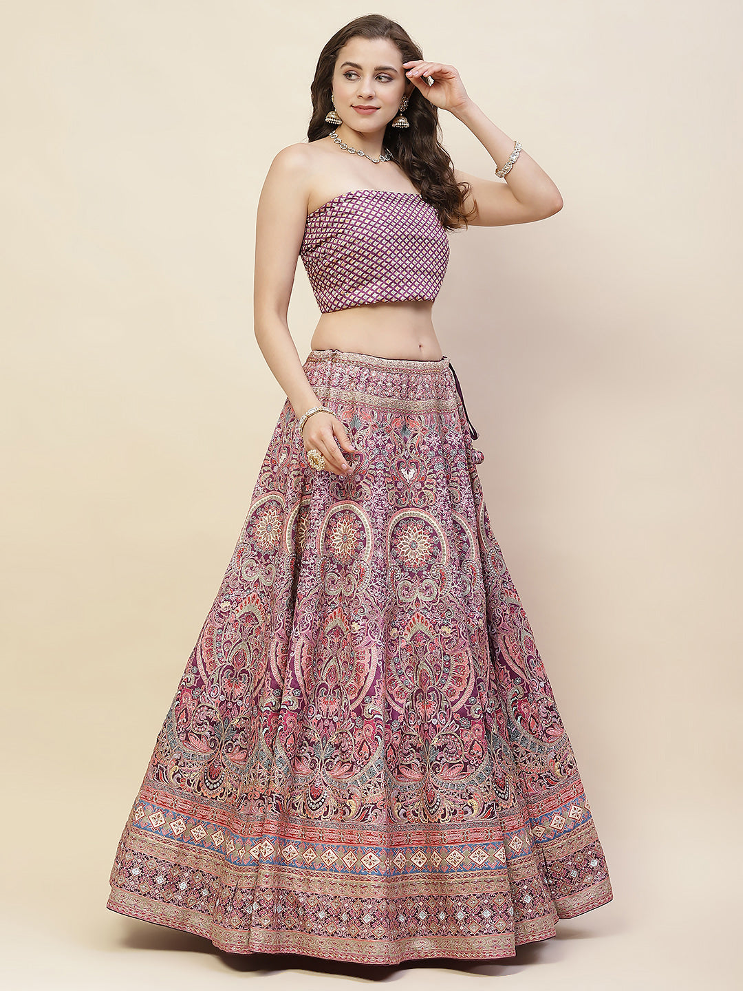 Printed & Thread Embroidered Choli With Unstitched Lehenga & Dupatta