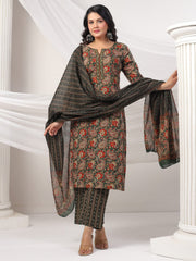 Printed Cotton Blend Kurta With Pants & Dupatta