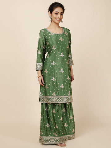 Resham Sequin Embroidery Chinnon Kurta With Garara & Dupatta