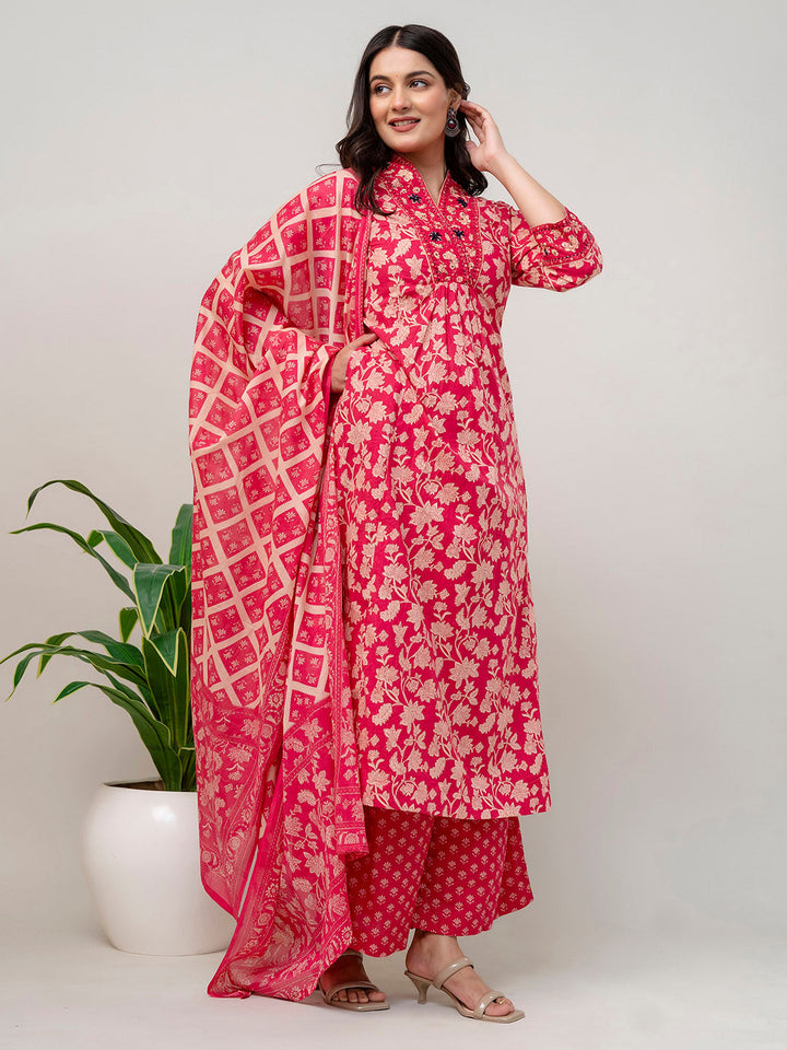 Floral Parinted Cotton Kurta With Pants &amp; Dupatta