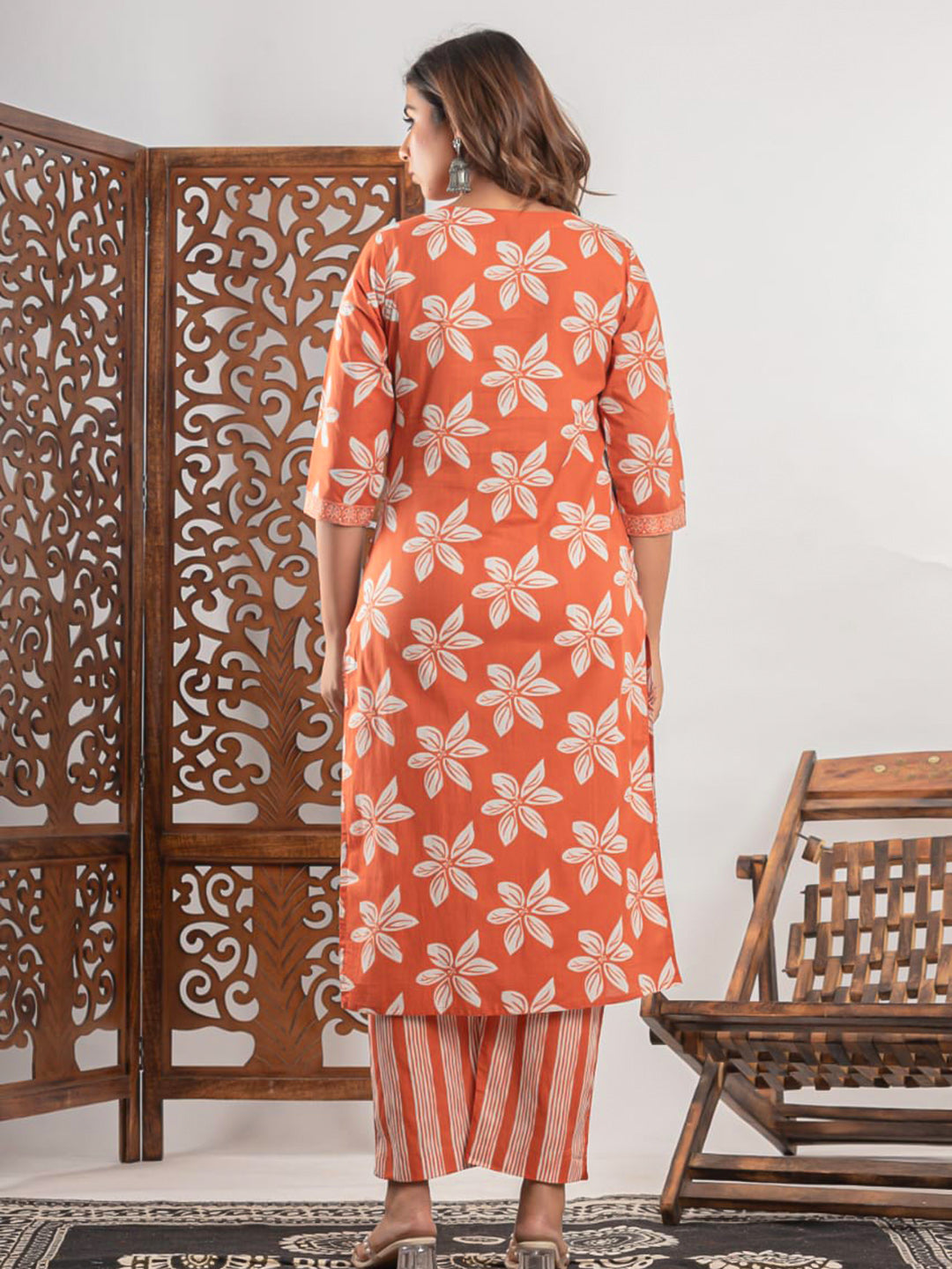 Brick Cotton Blend Printed Straight Suit Set
