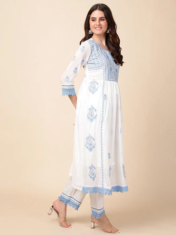 Printed Cotton Anarkali Kurta With Pants & Dupatta