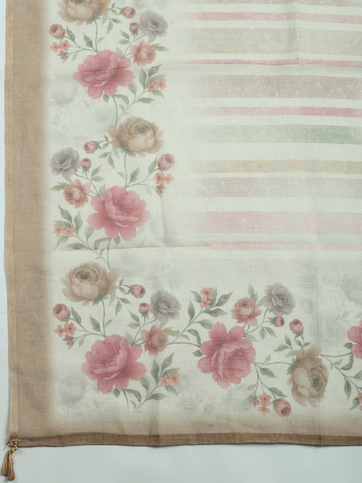 Printed Linen Blend Unstitched Suit With Pant &amp; Dupatta