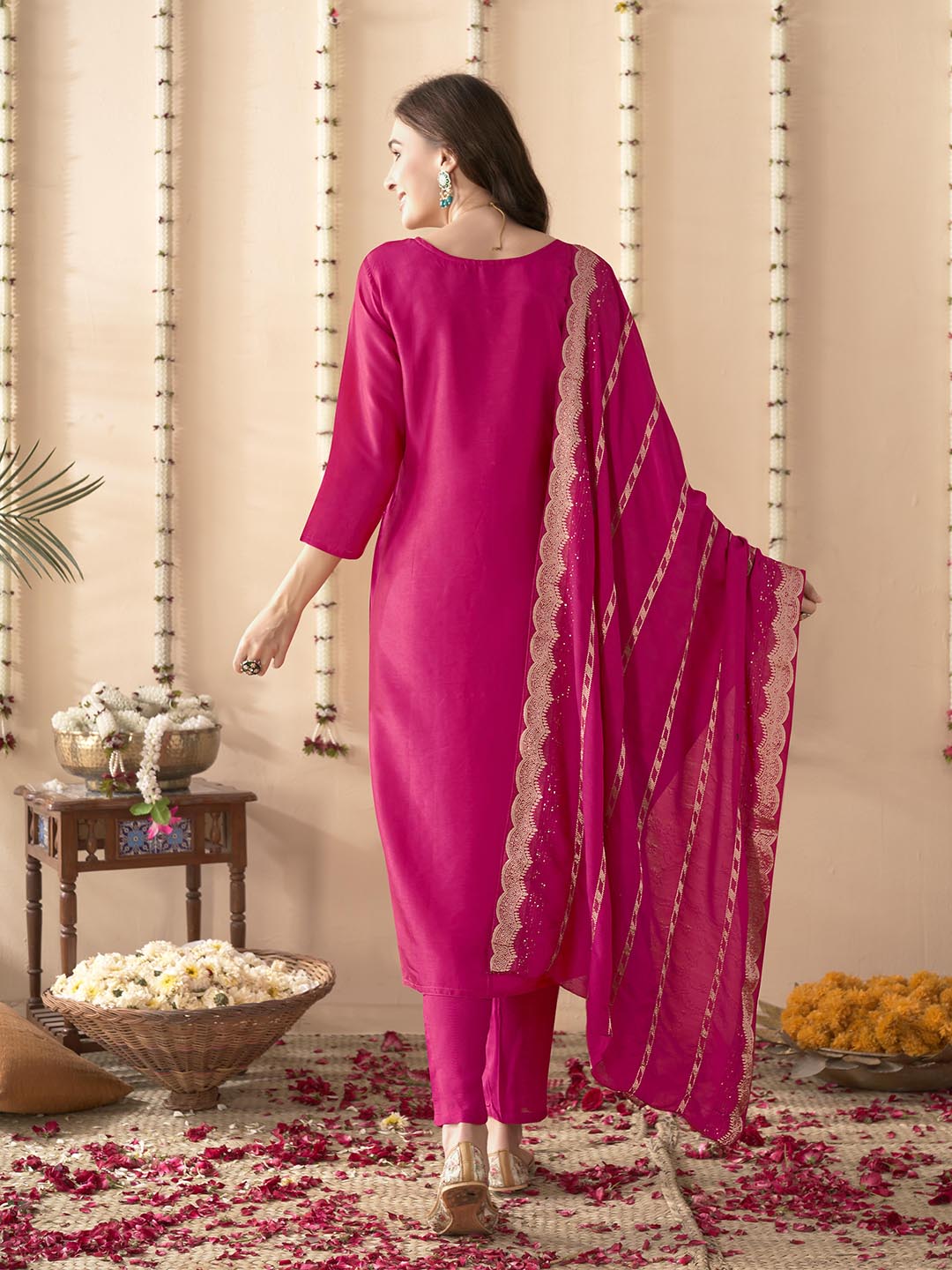 Embroidered Silk Kurta With Pant &amp; Dupatta