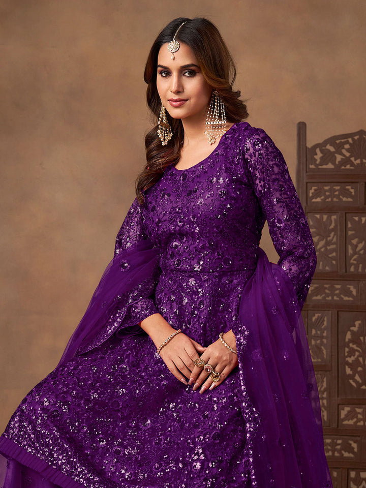 Embroidered Net Semi Stitched Kurta With Sharara &amp; Dupatta