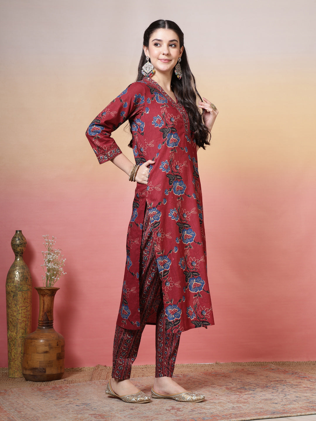 Embroidered Cotton Kurta With Pant &amp; Dupatta