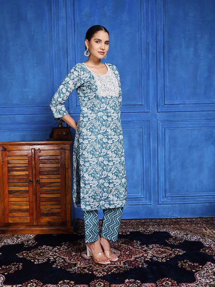 Printed Cotton Blend Kurta With Pants &amp; Dupatta