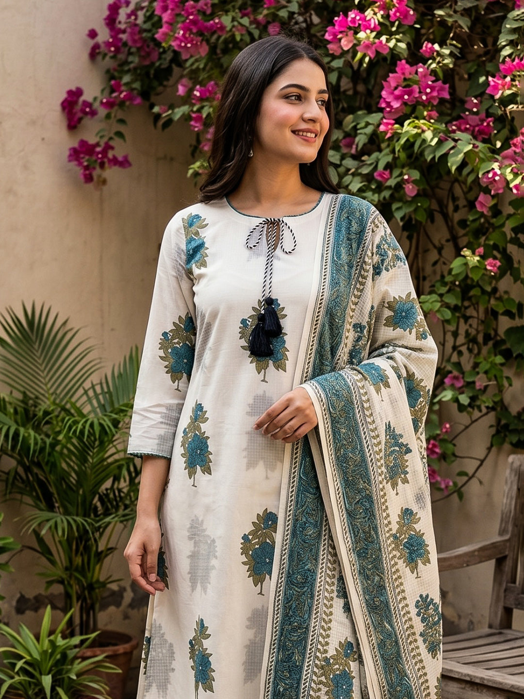 Teal Blue Embroidered Cotton Blend Straight V Neck Suit Set