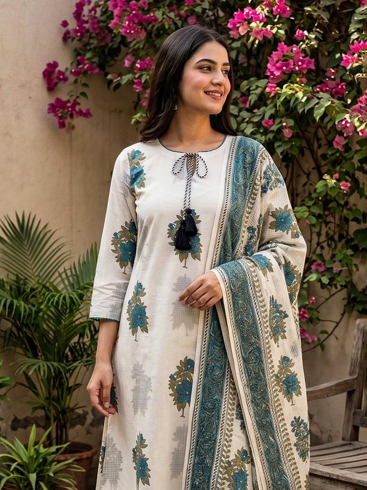 Teal Blue Embroidered Cotton Blend Straight V Neck Suit Set