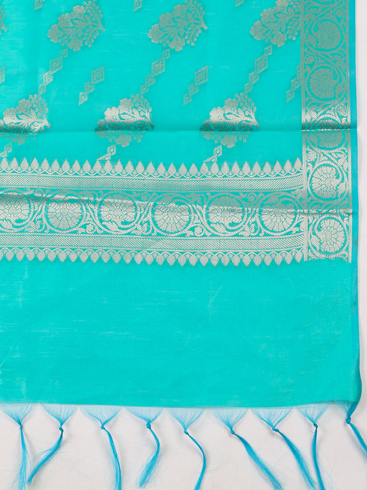 Woven Design Chanderi Unstitched Suit With Pant Dupatta