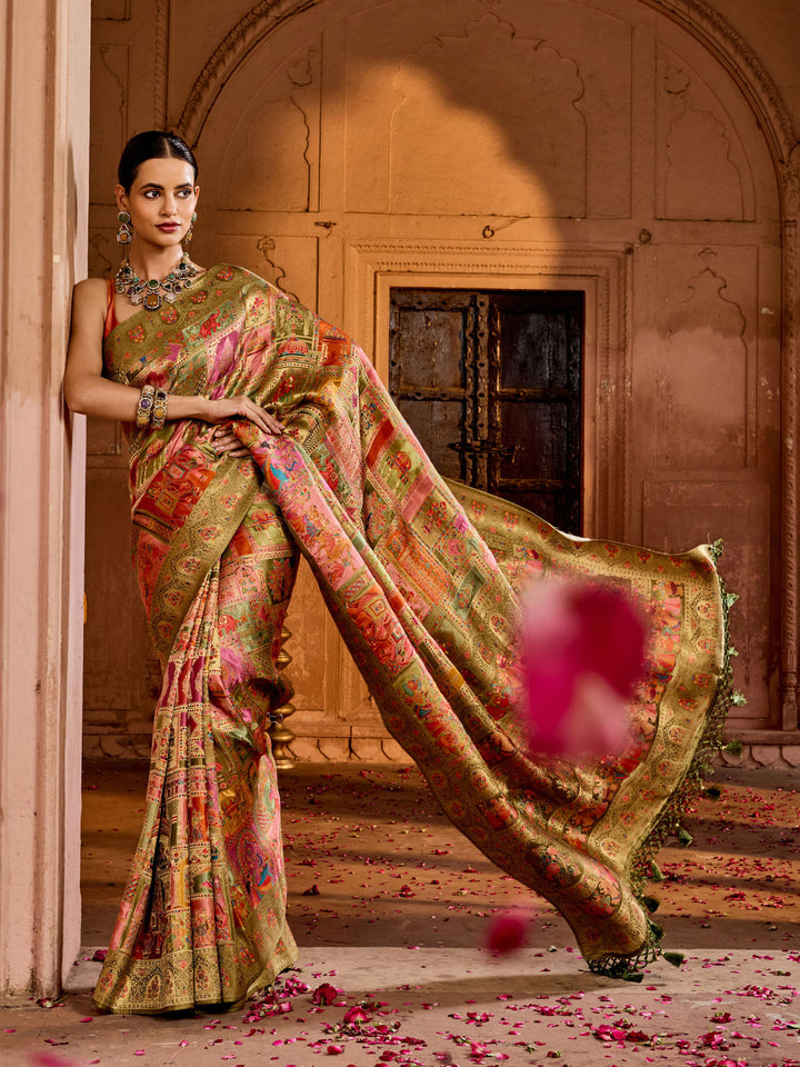 Mehndi Satin Woven Saree