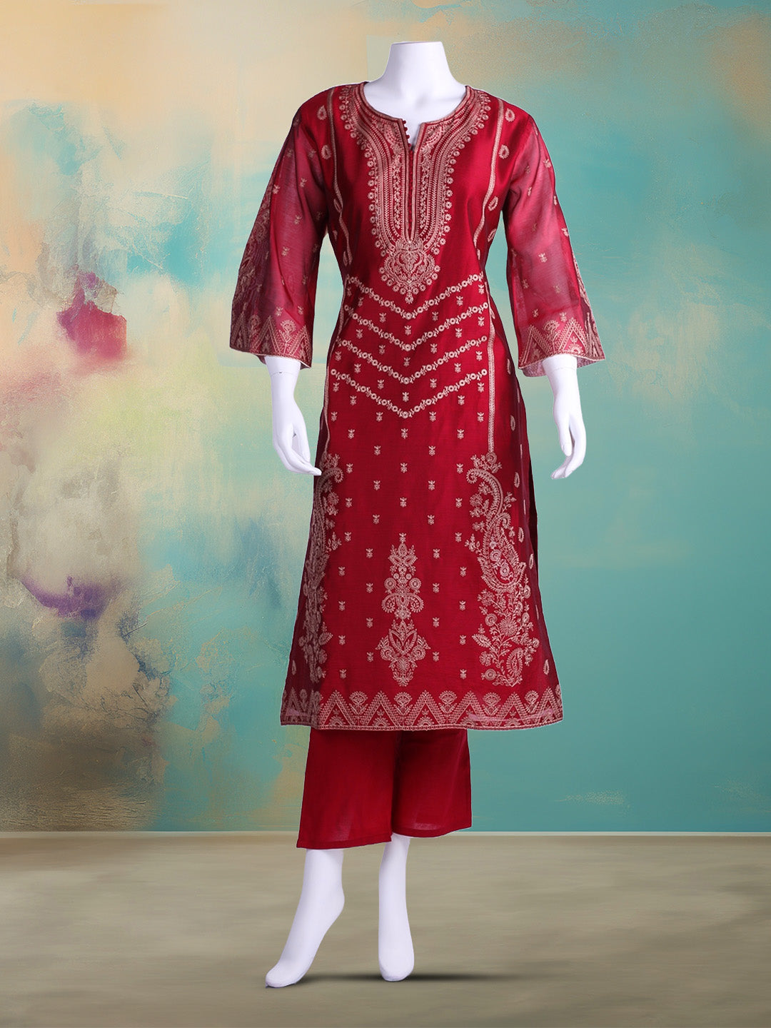 Embroidered Chanderi Kurta With Pant & Dupatta