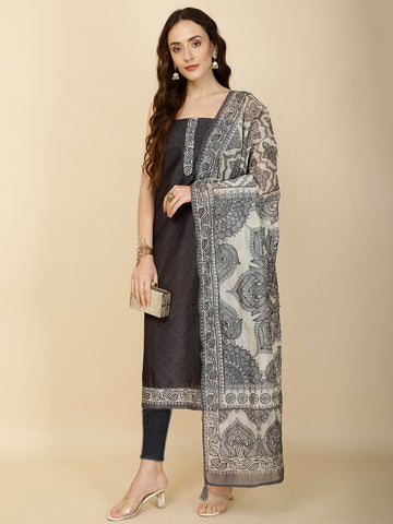 Kantha Embroidery & Printed Chanderi Unstitched Suit Piece With Dupatta