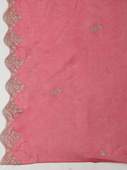 Embroidered Chanderi Cream-Pink Unstitched Suit With Pant & Dupatta