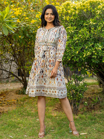 Printed & Neck Embroidered Cotton Dress