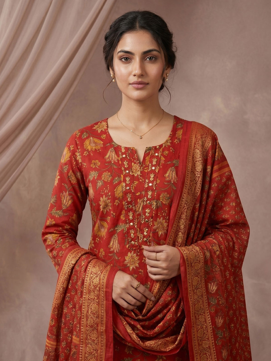 Rani Embroidered Cotton Blend Straight Round Neck Suit Set