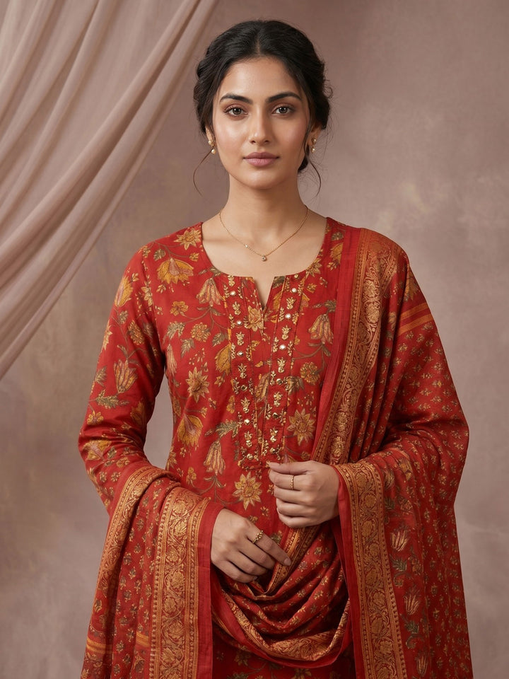 Rani Embroidered Cotton Blend Straight Round Neck Suit Set