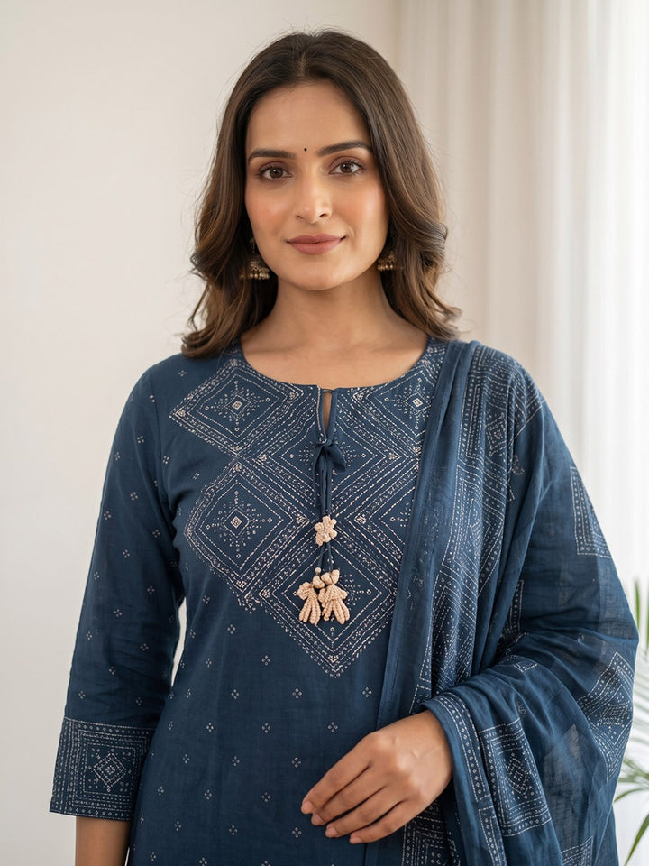 Blue Printed Cotton Blend Kurta With Pant &amp; Dupatta