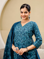 Printed Cotton Blend Kurta With Pants & Dupatta