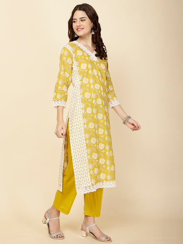 Floral Printed Cotton Straight Kurta With Pants