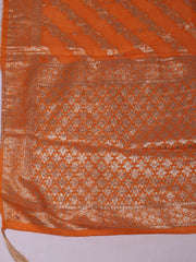 Embroidered Chanderi Cream-Orange Unstitched Suit With Pant & Dupatta