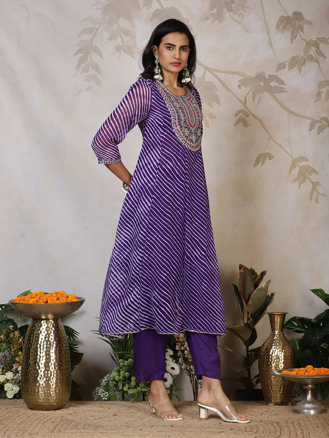 Embroidered Georgette Kurta With Pants & Dupatta