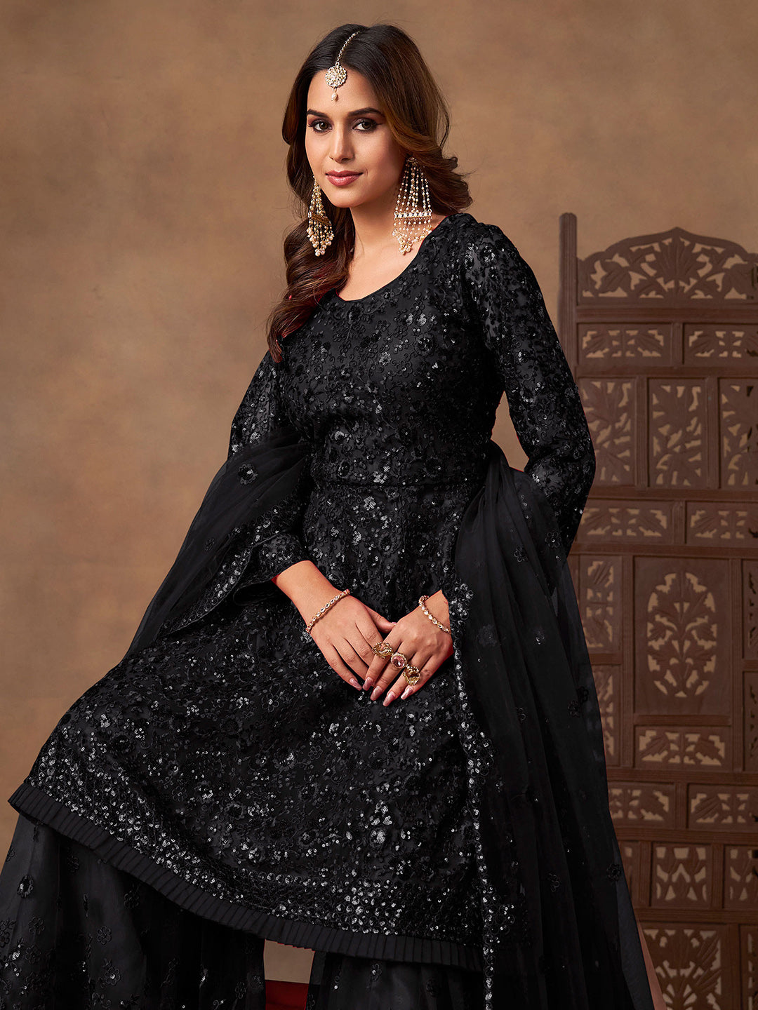 Embroidered Net Semi Stitched Kurta With Sharara &amp; Dupatta
