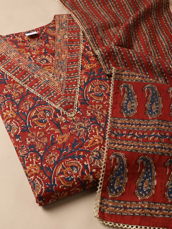 Printed Cotton Blend Unstitched Suit With Pant &amp; Dupatta