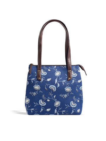 Navy Blue Printed Cotton Handbag With Clutch