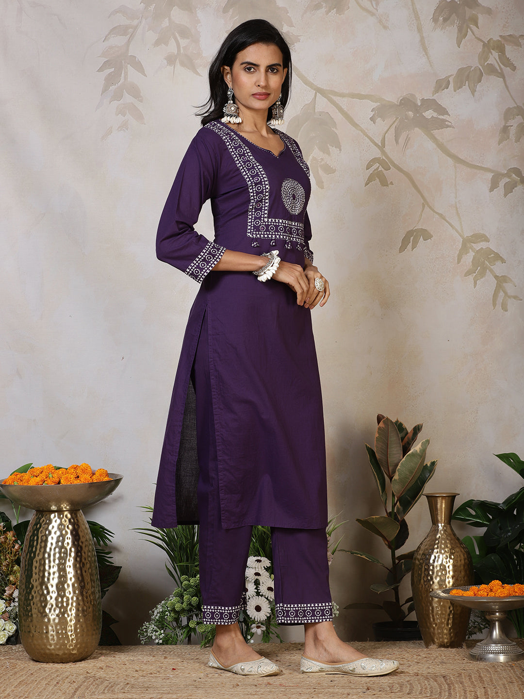 Printed Cotton Blend Kurta With Pants & Dupatta