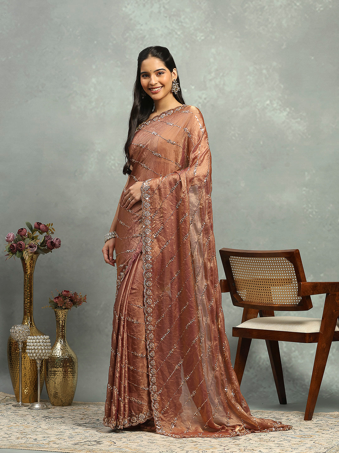 Stone &amp; Cut Work Embellished Organza Saree