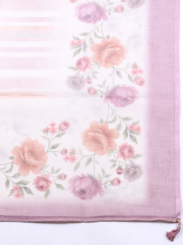 Printed Linen Blend Unstitched Suit With Pant &amp; Dupatta