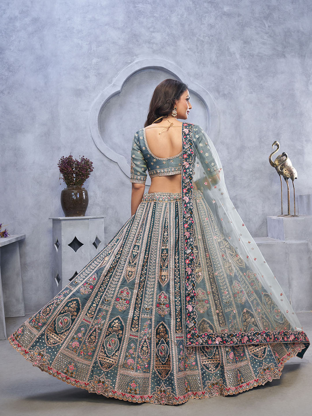 Resham Embroidery Tissue Unstitched Choli With Lehenga &amp; Dupatta
