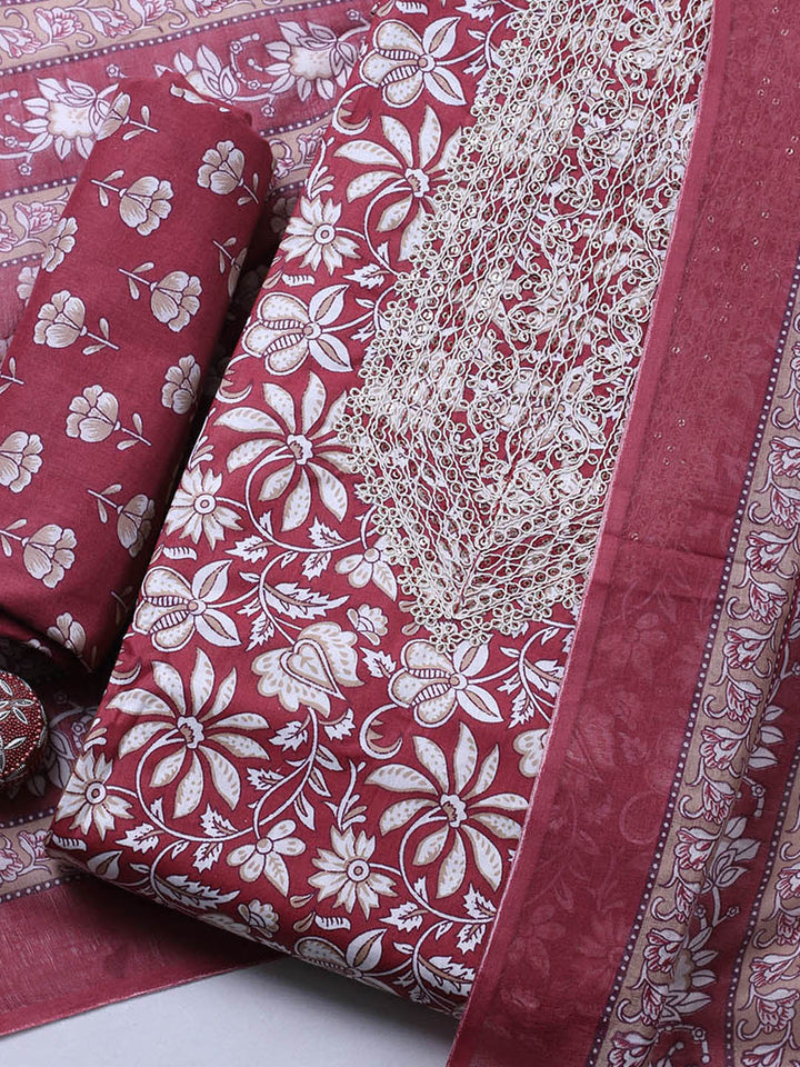 Printed Cotton Blend Unstitched Suit With Pant &amp; Dupatta