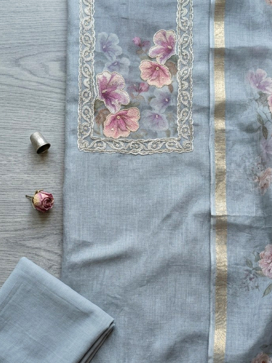 Embroidered Linen Blend Unstitched Suit With Pant &amp; Dupatta