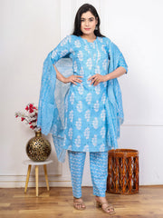 Embroidered Cotton Blend Kurta With Pant & Dupatta