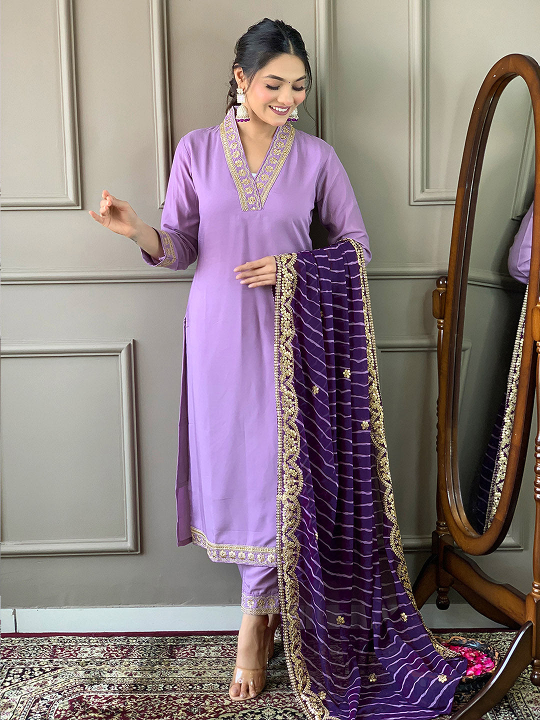 Resham Embroidered Cotton Blend Kurta With Pant & Dupatta